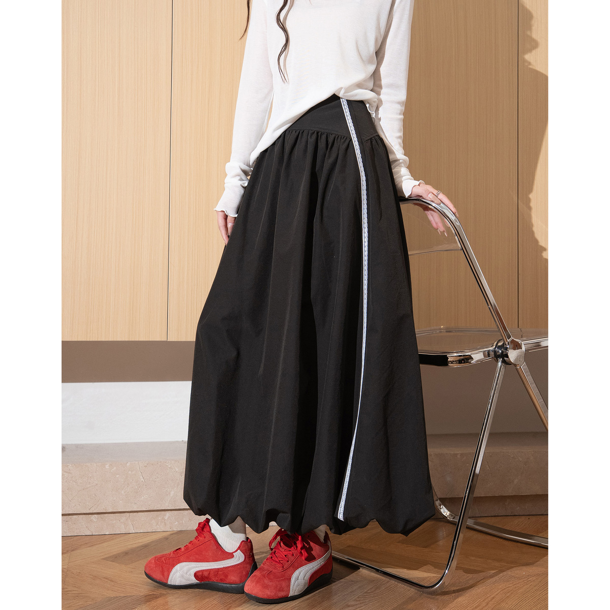 唐狮2025秋冬女运动花苞半身裙高级感时尚休闲女式长裙侧边拼缝潮