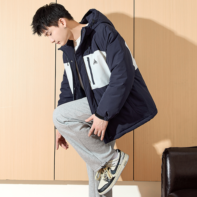 唐狮2024冬季新款棉衣男款连帽潮流撞色拼接棉服黑色保暖防寒外套