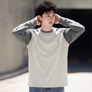 唐狮2026春季新款男长袖T恤拼接设计感插肩袖撞色浅灰色简约白色