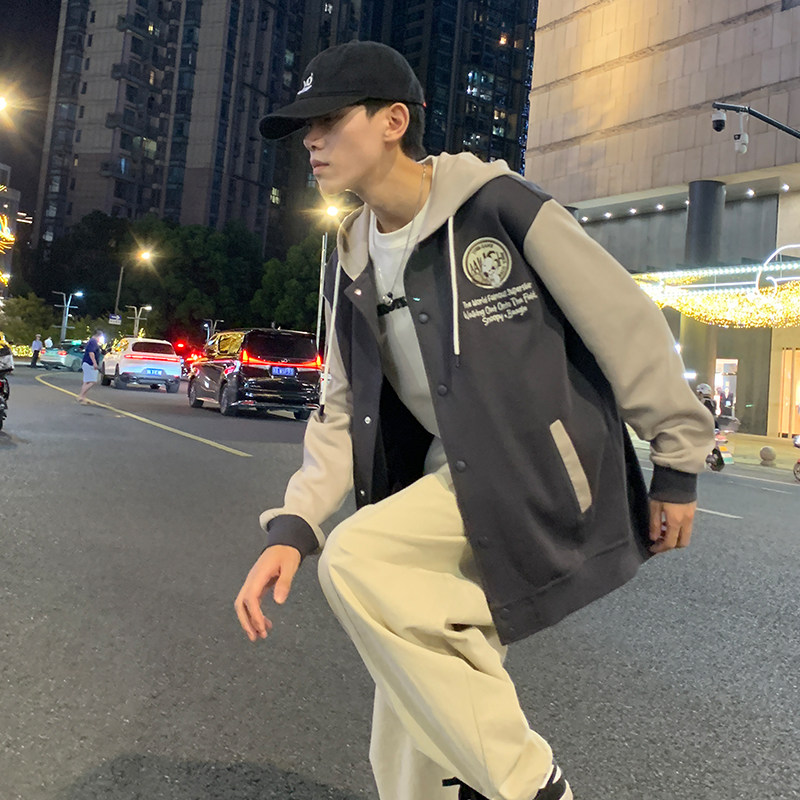 唐狮2024秋季新款针织外套男时尚连帽棒球服美式学生宽松夹克上衣