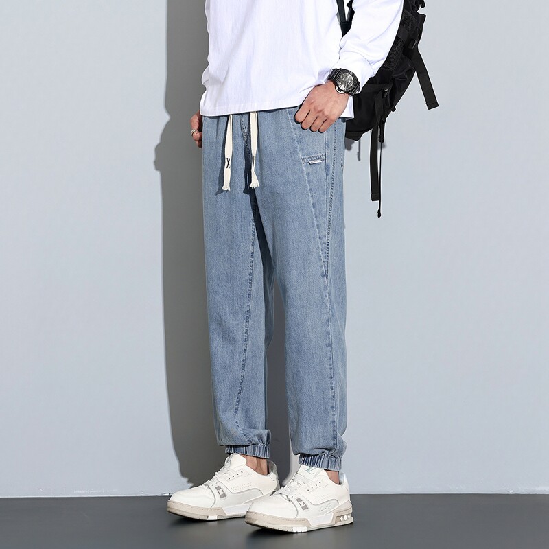 唐狮25春季新款男牛仔裤薄款显瘦宽松束脚天丝抽绳潮牌阔腿裤子男