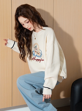 唐狮2024新款秋冬季白色毛衣女套头圆领设计感ins休闲百搭宽松z2