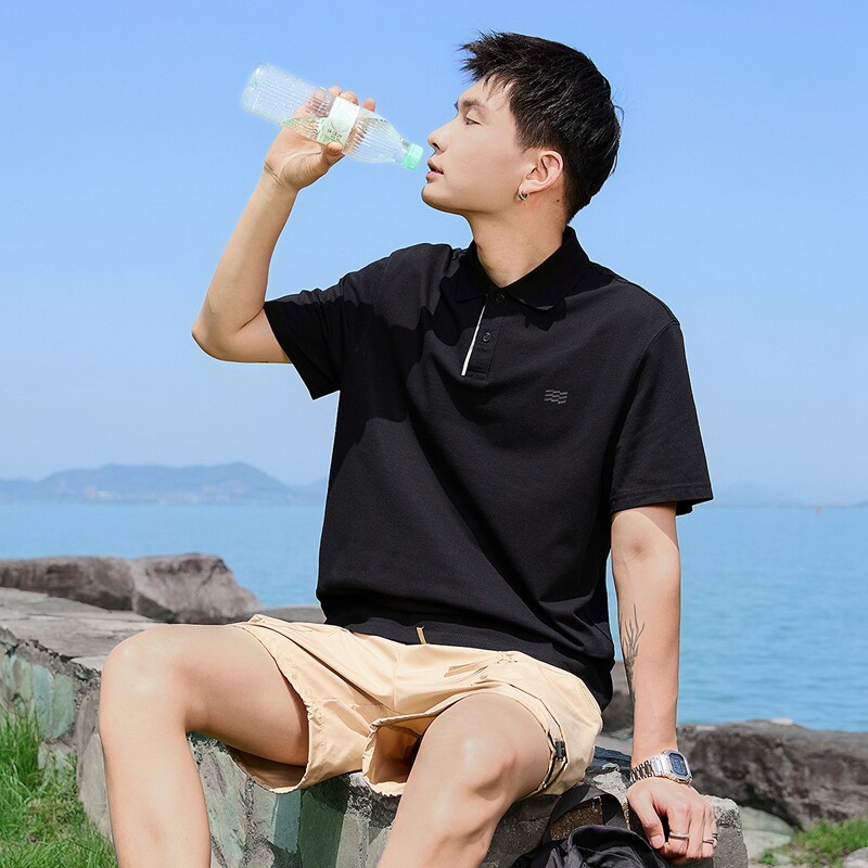 唐狮2025夏季新款男Polo衫黑色短袖翻领T恤宽松休闲港风T恤运动潮