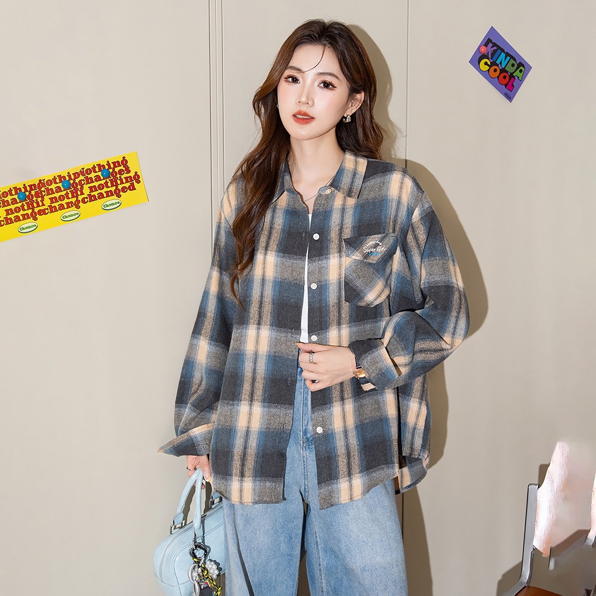 唐狮2026新款长袖衬衫女格子复古撞色字母印花翻领百搭休闲上衣bl
