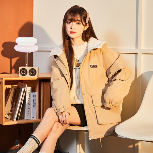 唐狮2023新款棉衣外套女爆款冬装外套仿羊羔毛拼接连帽棉袄ins潮