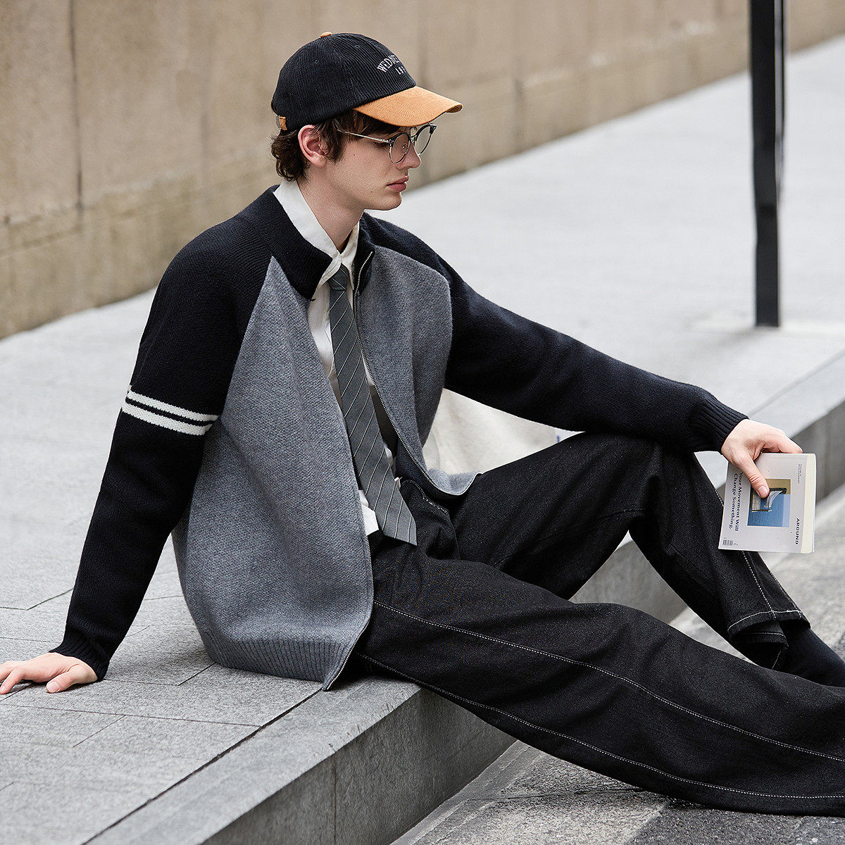 唐狮2025秋冬季毛衣外套男立领插肩袖撞色拼接灰色毛衣开衫时尚潮,男装,针织衫/毛衣,淘宝优惠券,粉丝福利购,淘宝优惠卷