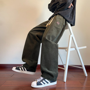 唐狮2025秋冬季休闲长裤男直筒灯芯绒痞帅显瘦百搭暗绿色潮流