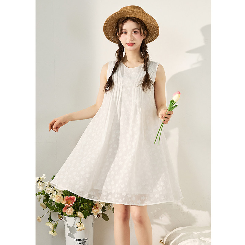 唐狮白色无袖提花连衣裙女夏季新款肌理甜美裙子仙气飘飘背心裙e9