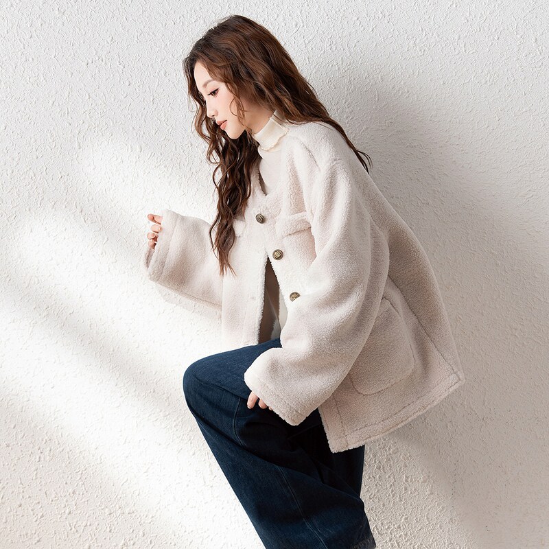 唐狮2024年秋冬新款女外套仿羊羔毛休闲圆领百搭加厚短款上衣潮W5