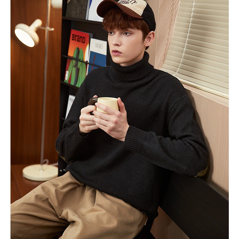唐狮2023高领毛衣男生冬季新款黑色针织衫复古拼接男款内搭毛衫潮
