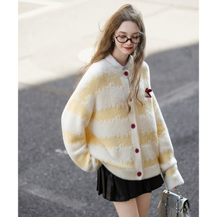 唐狮2026秋冬季女毛衣圆领双色渐变提花可爱蝴蝶结甜美约会穿搭