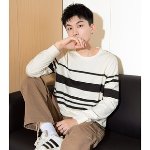 唐狮秋季新款长袖T恤男青少年条纹翻领纯棉打底衫学生上衣潮