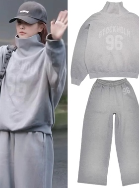 白鹿同款灰色高领中山卫衣女2025新款春秋宽松慵懒风加绒加厚上衣