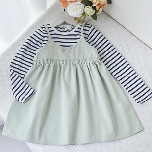日单~100-140女童宝宝纯棉连衣裙中小童长袖条纹T恤连衣裙假两件