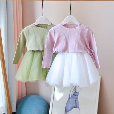 女童中小童两件套长袖吊带纱裙