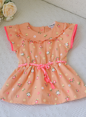 美单~2-5岁女婴小宝宝夏季娃娃衣花边领腰带小童碎花绣花透气上衣