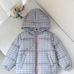 120码~女童85鸭绒连帽格子羽绒服厚实款中小童冬季保暖棉服上衣