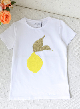 欧单外贸~120女童纯棉亮片T恤中小童夏装白色卡通短袖体恤衫时尚