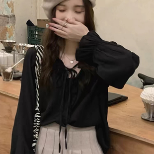 成人女装~M-XXL女子黑色淑女款V领小衫春夏时尚外套上衣