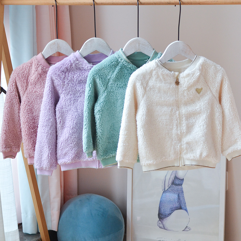 H家外贸~女童宝宝珊瑚绒外套中小童拉链衫幼儿园保暖轻软白秋冬
