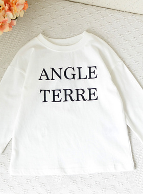 日单~100-140女童全棉宽松版长袖T恤中小童春秋白色字母上衣体恤