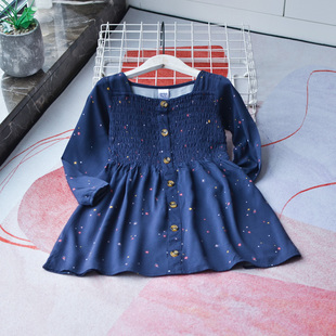 澳洲单~1-7女童人棉长袖连衣裙藏青打揽宝宝薄款气质裙子春夏碎花