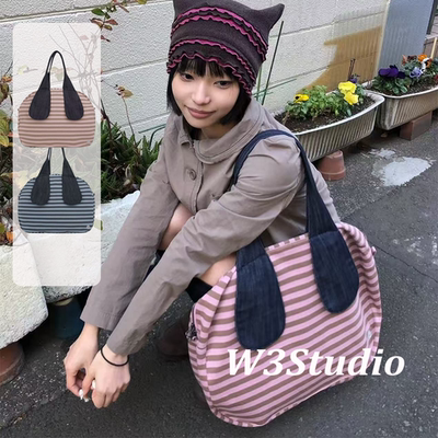 333Studio韩国小众coyseio复古条纹托特包大容量拼接撞色单肩包