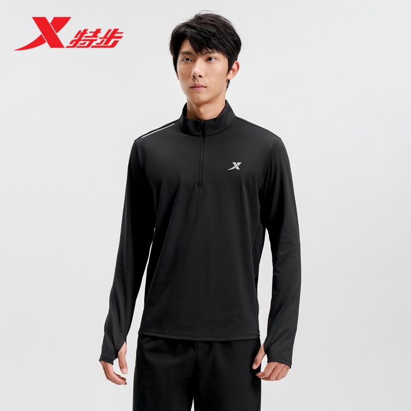 特步半拉链长袖T恤男秋季新款训练服健身运动跑步打底长袖速干衣