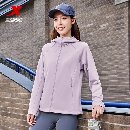 特步连帽外套女士2026年春季新款训练健身开衫上衣夹克风衣运动服