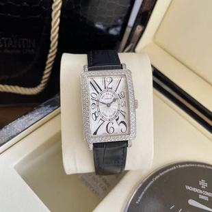 法兰克FM女表 正装腕表 镶钻手表 长方形数字黑色皮带女款石英表