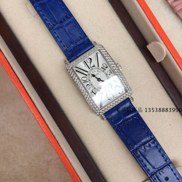 美菲默FM女表 网红镶钻手表石英表长方型蓝宝石镜面蓝色皮带女款