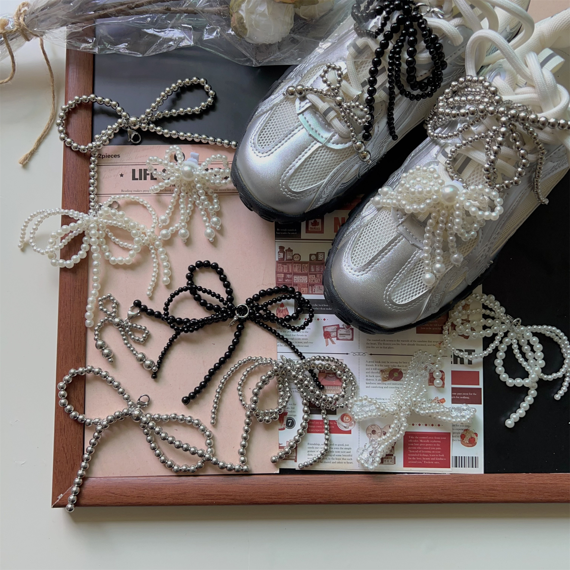 手工串珠鞋带扣鞋服配件珍珠银色韩国东大门串珠鞋装饰扣