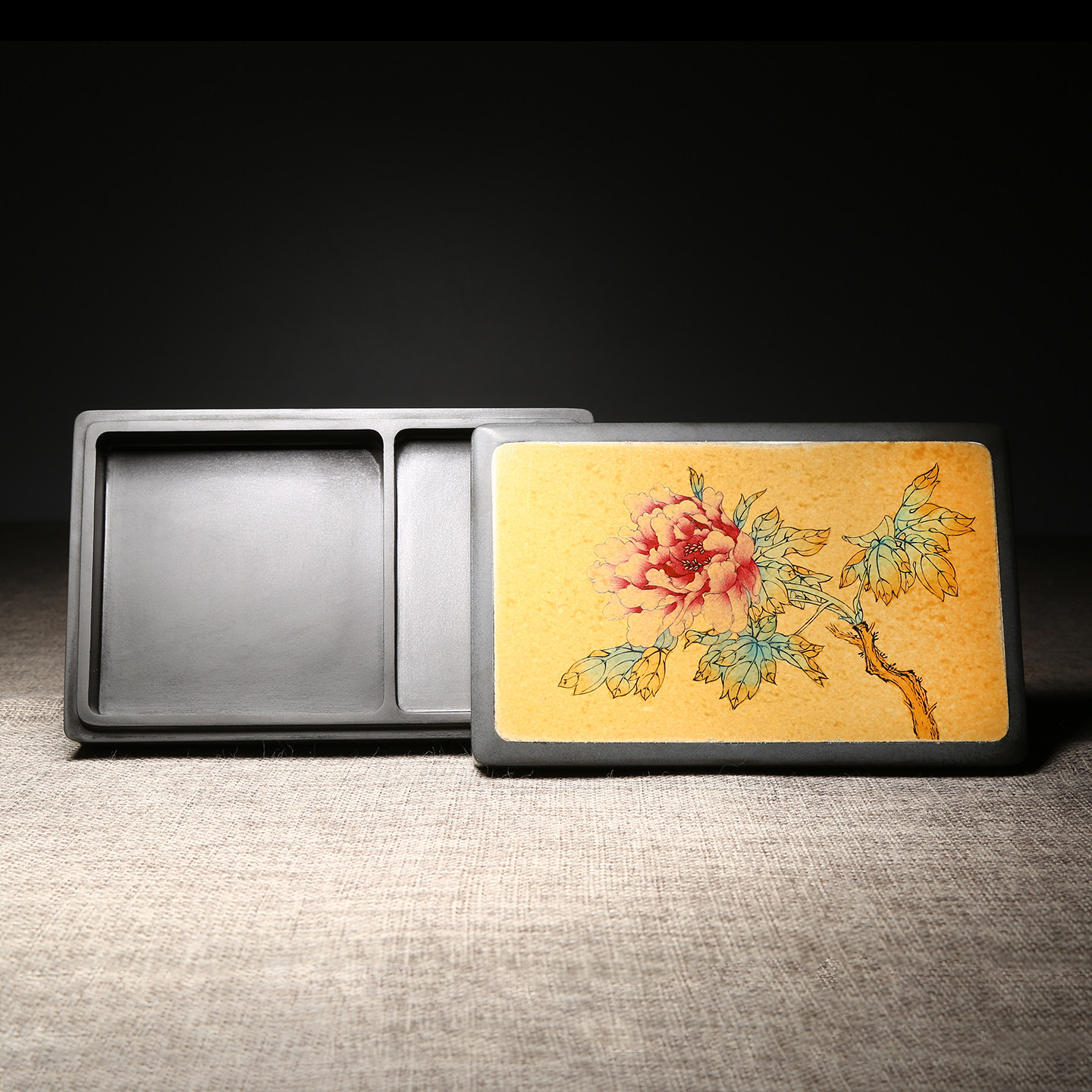 维新 非遗名师创意《花开富贵》砚台新中式老坑砚台镶嵌手绘景德镇瓷片原石歙砚实用砚台带盖文房高档摆件