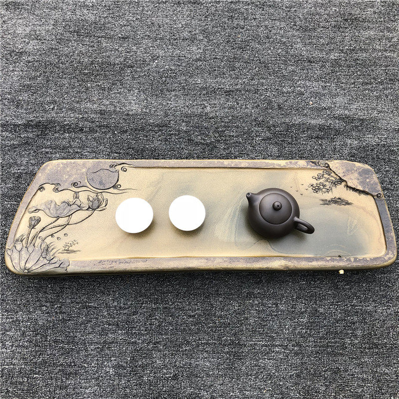 金晕整块砚石歙砚龙尾山金皮金晕籽料原石茶盘排水茶海中大号精品茶台