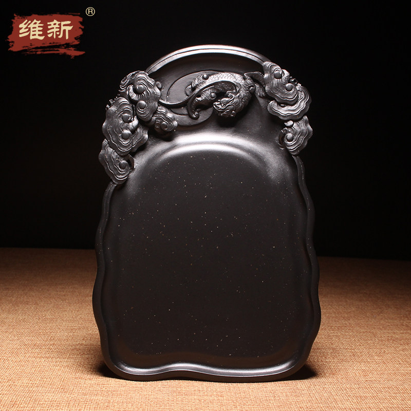 精品名师柯崇精品歙砚手工雕刻作品神龙献瑞龙尾山老坑金星黑龙尾原石经典砚台文房四宝收藏礼品古董摆件