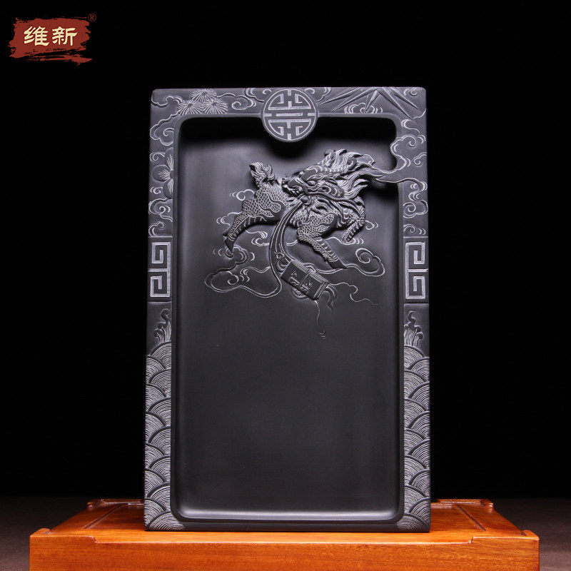 精品名师柯崇传统歙砚手工雕刻作品《麒麟呈祥》龙尾山老坑黑龙尾原石经典素池砚台文房四宝收藏礼品摆件