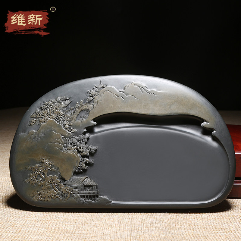 徽州歙砚大师作品《访友图》精雕细琢老坑金晕原石手工雕刻高档办公室摆件收藏书画送礼砚台四大名砚樟木盒