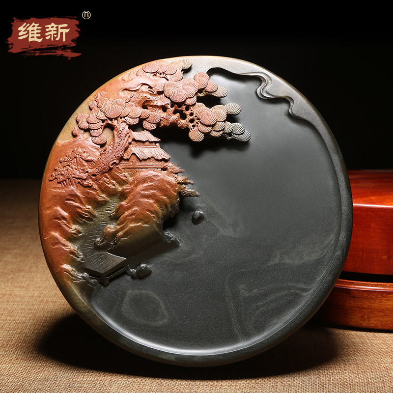 匠心非遗砚台手工雕刻名师许亚祥作品孤品书法用品送礼佳品端砚山水类名砚老坑金晕籽料俏色巧雕收藏秋山胜景