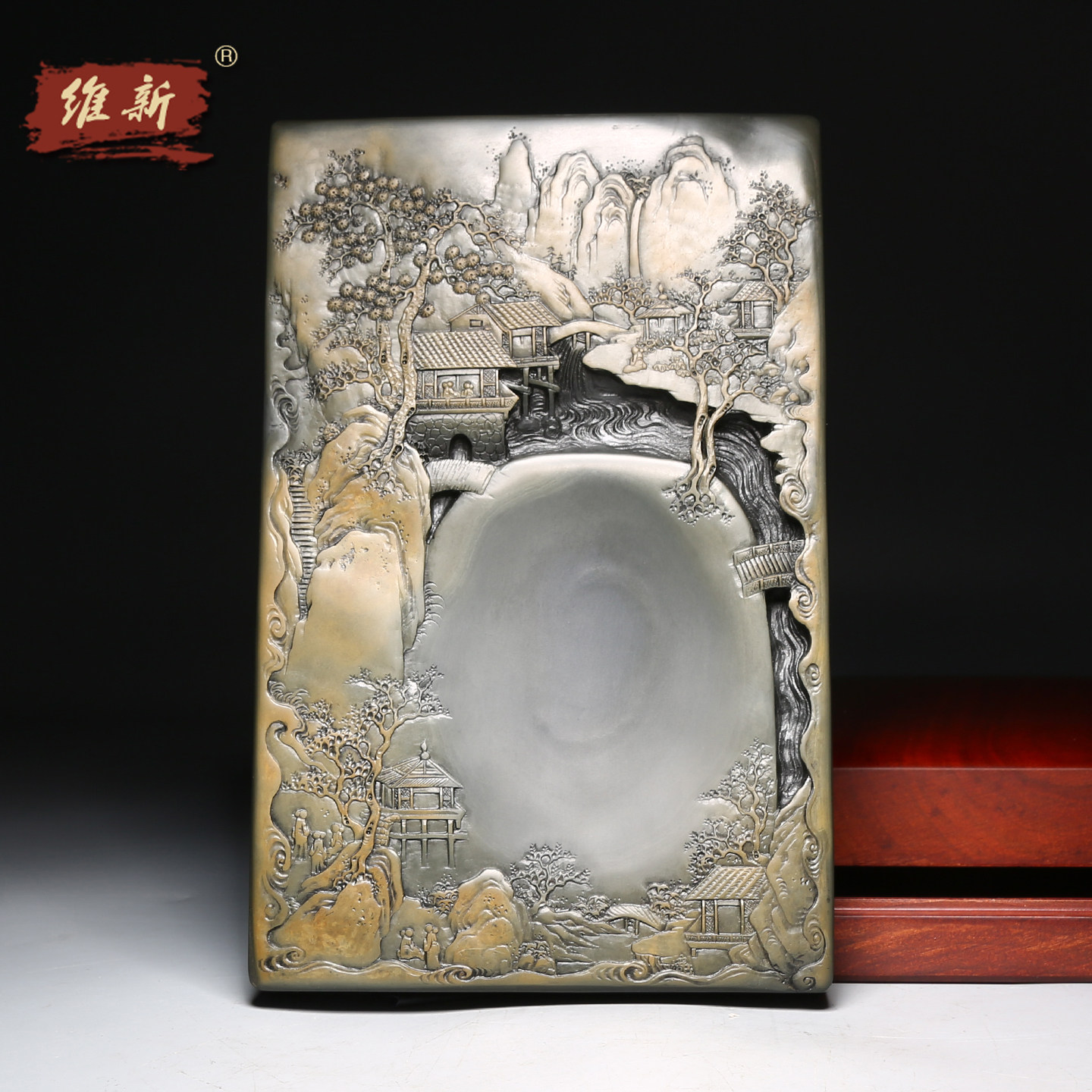 维新非遗大师手工作品配木盒礼盒老坑原石天然歙砚砚台收藏大气高档送礼文房四宝砚台《紫气东来》