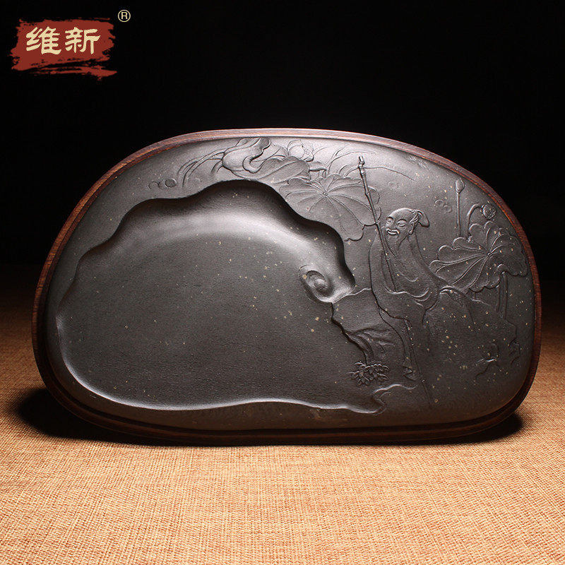 作品《爱莲图》手工雕刻老坑精品龙尾山老坑金星金晕原石精雕砚台歙砚