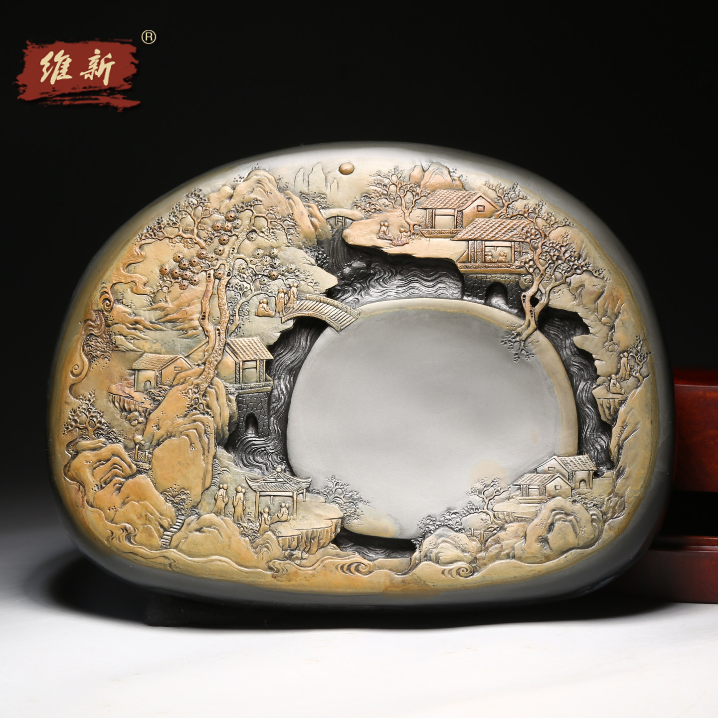 匠心非遗大师手工雕刻砚台《紫气东来》配木盒礼盒老坑原石天然歙砚砚台收藏大气高档送礼文房四宝