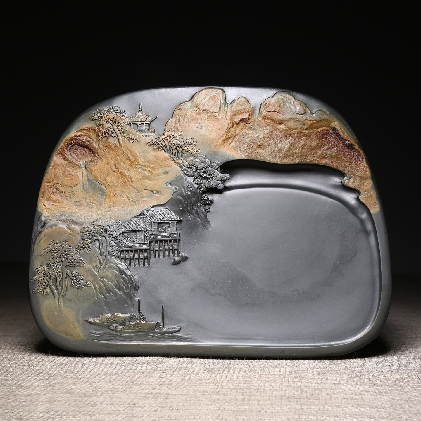 维新 非遗名师作品《秋山胜景》天然原石歙砚老坑金晕籽料 歙县高档精手工砚台山水砚配木盒收藏送礼大师名砚