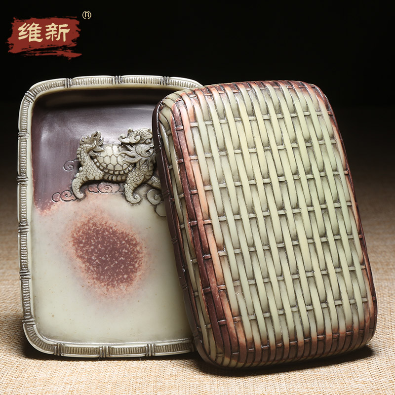 徽州歙砚大师柯崇砚台作品《龙龟献瑞》天然原石紫袍玉带玉石砚台紫袍玉黛带盖手工满工四大名砚高档收藏
