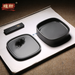 非遗匠心设计/见山/歙砚原石砚台带盖研墨书法用品盛墨储汁摆件刻搁笔高档礼品圆角正形墨池墨盒文房多功能