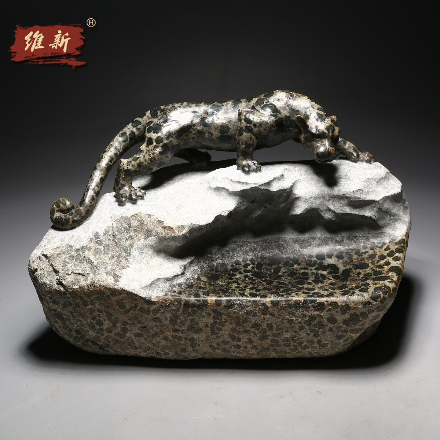 维新名师手工砚台《豹》安徽歙砚天然原石豹斑纹原石高档文房四宝收藏四大名砚手工大师砚立体浮雕摆件送礼