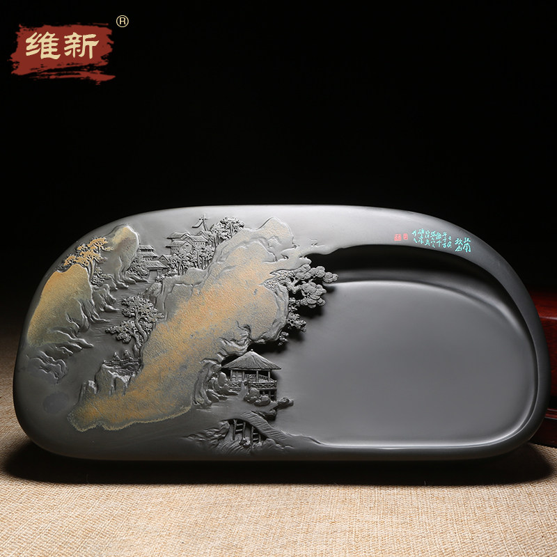 匠心非遗名师名砚孤品大师安徽砚台高档文房四宝天然原石老坑金晕籽料歙砚珍藏f浮雕送礼精手工砚/江南秋色