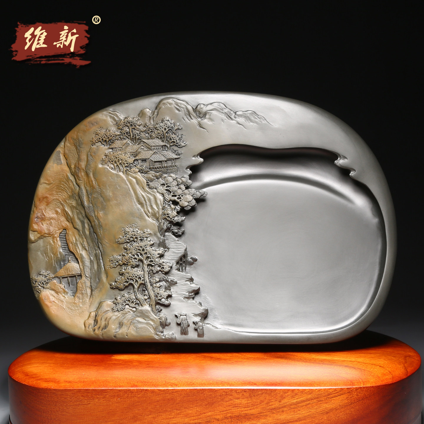 维新非遗大师手工作品高档砚台配木盒礼盒老坑原石天然歙砚砚台收藏大气高档送礼文房四宝砚台《大好河山》