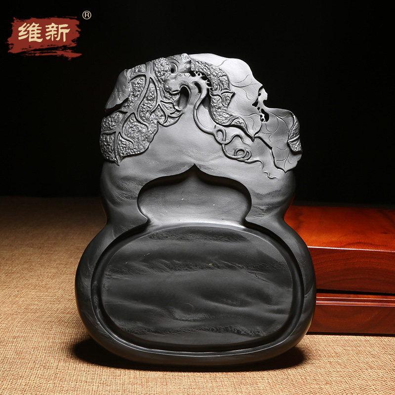 维新 匠心非遗名师砚台《福禄双全》安徽歙砚天然原石文房四宝书法绘画用品高档摆件孤品手工砚台老坑眉纹