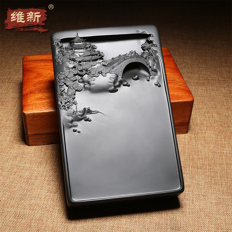 匠心非遗传人 名师许亚祥《松山观泉》作品8寸（20cm）砚台精品天然老坑黑龙尾手工歙砚长方山水收藏送礼佳品