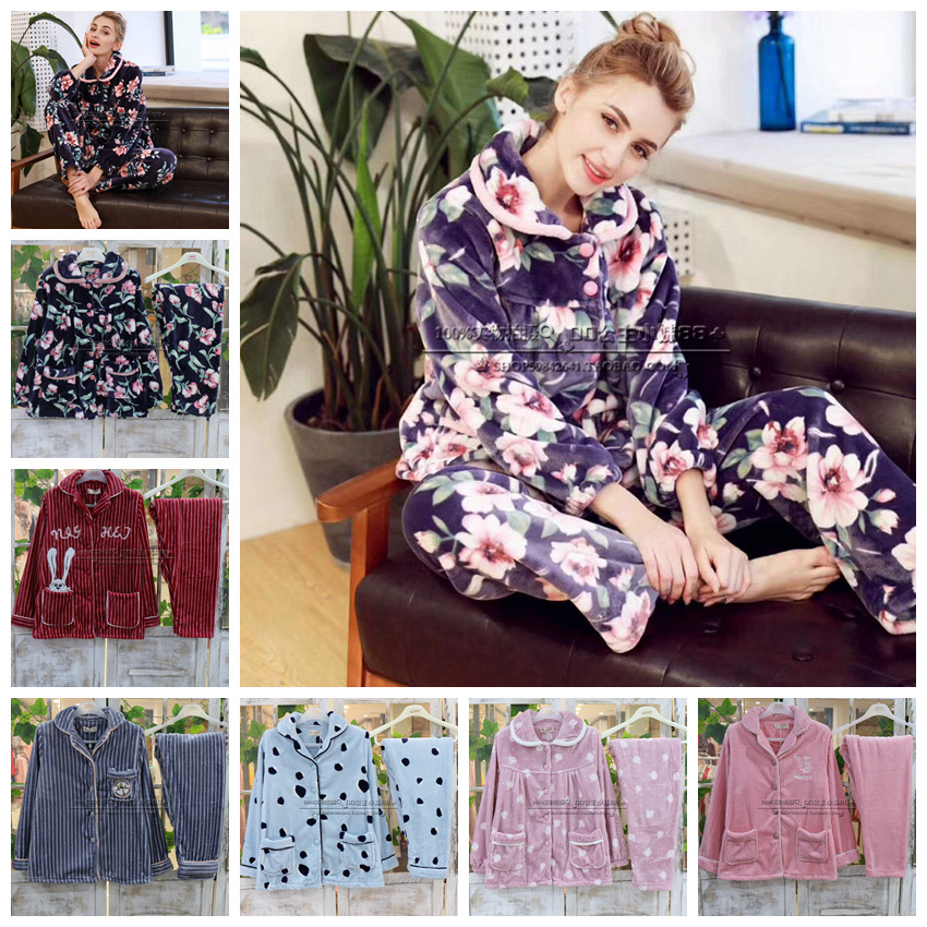 仙坤特价秋冬季新款女士珊瑚绒剪绒法兰绒长袖大花睡衣家居服套装